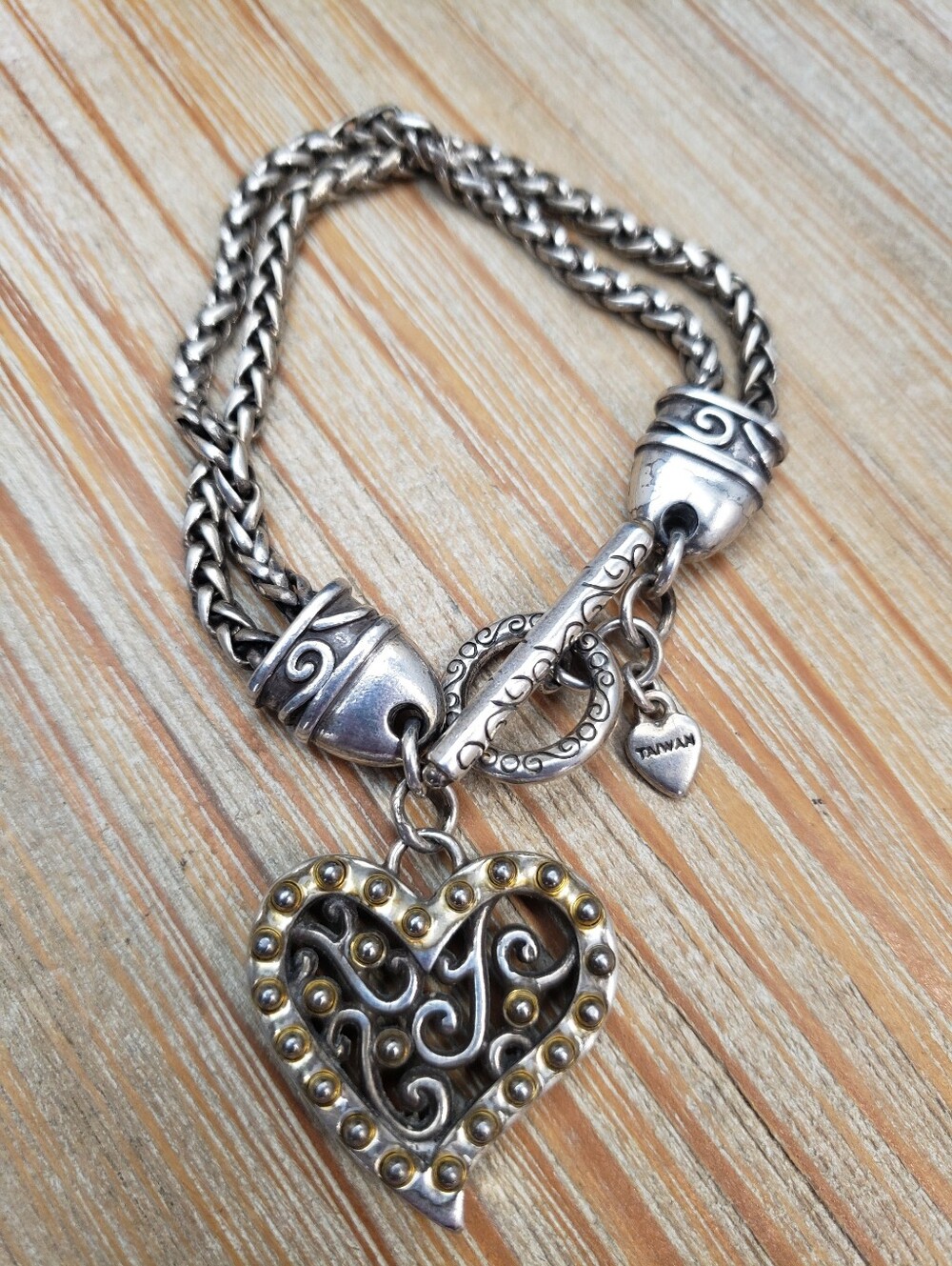 Brighton Silver Plate Heart Charm Two Strand Bracelet